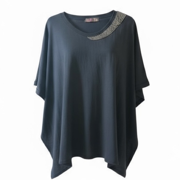 Tops - Black Oversized Plus Size Women's Top with Embellished Detail